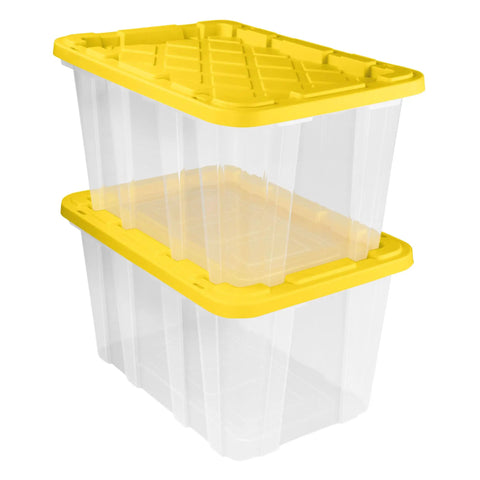 Tough As Nails 27 Gallon Plastic Storage Totes With Secure Locking Lids For Garage Organization 16 Pack stacked heavy duty bins.