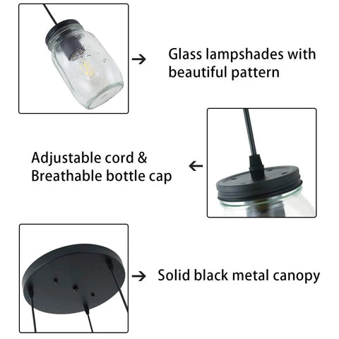 Close-up of Three Light Mason Jar Pendant Chandelier parts: glass shade, adjustable cord, black metal canopy for farmhouse kitchen.