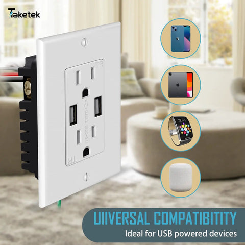 USB Wall Outlet With Turbo Fast Charging USB Ports, 15 Amp Tamper Resistant Receptacle, UL Listed, 2 Pack in living room