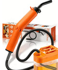 Plug And Play Portable Rechargeable Fuel Transfer Pump Three Gallons Per Minute for Gasoline and Diesel with hose and container.