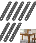 Built Tough Rugged Stainless Steel Flat Plates Straight Corner Braces Heavy Duty Furniture Repair Connectors with Screws for Table Desk Reinforcement Fast Setup Matte Black Eight Piece Set displayed in multiple angles.