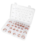 Open plastic case with copper washers, 30 metric sizes, for auto repair and plumbing: Super Sweet 570pcs Copper Washer Assortment Kit With 30 Metric Sizes Nice For Auto Repair And Home Plumbing Jobs Plastic Organizer Holds Sump Plugs Hydraulic Fittings Oil Seals Easy Find Compartments Keep Gear Tidy On Trucks Or Cars.