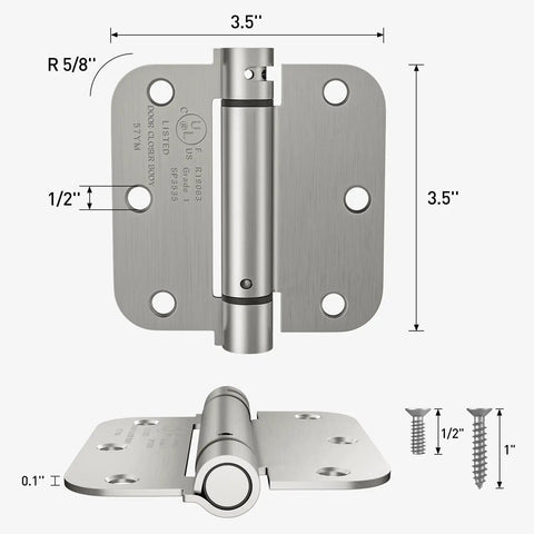 Self Closing Door Hinges 3.5 Inch Brushed Nickel Beefy Spring Loaded Hinges Heavy Duty Adjustable Tension For Interior Doors UL Listed Five Eighths Inch Radius Corners 2 Pack