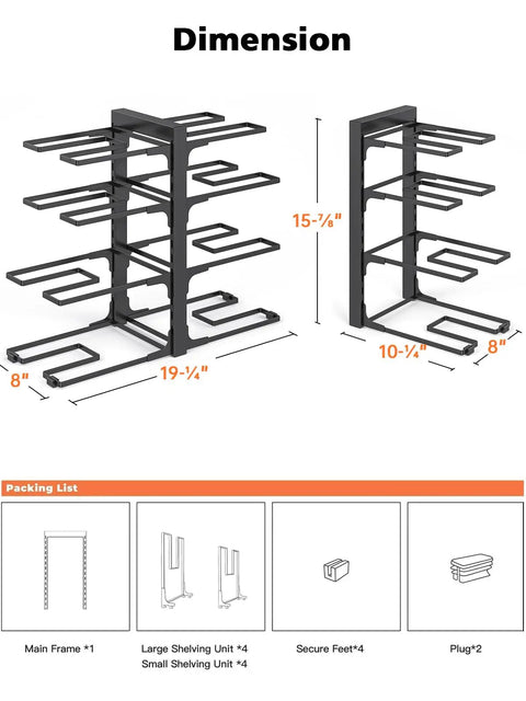 Dimensions of the heavy duty under cabinet pot rack featuring eight sturdy tiers for efficient kitchen organization.