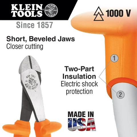 General Purpose Insulated Tool Kit 1000-Volt Rated 22-Piece Set close-up of pliers with short beveled jaws and orange insulation.