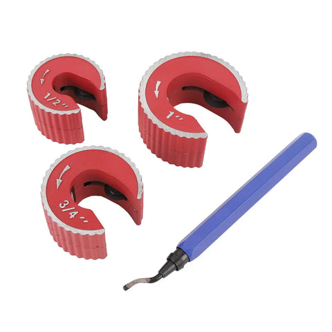 Pro Grade Automatic Copper Pipe Cutter for Half Inch Three Quarter Inch and One Inch Tubing with durable metal tools on display.