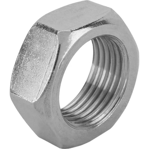 Stainless Steel Jam Nut 11/16-18 Right Hand NF Fine Thread for Rod Ends, Heim Joints, and Clevises, Premium Corrosion Resistant, Universal Fit for Suspension, Steering and Linkage Systems close-up of stainless steel jam nut