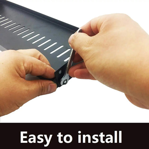 Installing Four Pack Heavy Duty 1U Vented Cantilever Server Rack Shelf With Rock Solid 10 Inch Depth with a tool.