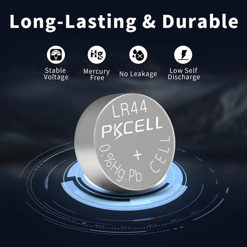 Top Shelf 10 Pack LR44 Batteries AG13 SR44 357 303 A76 One Five Volt Button Cells Fresh Box showing a single LR44 battery for smart gadgets.