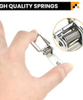 Hand holding Beefy Stainless Steel Tool Box Hood Locks Latches 90 Degree Spring Loaded Toggle Lock Kit close-up, focusing on spring mechanism.