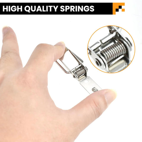 Hand holding Beefy Stainless Steel Tool Box Hood Locks Latches 90 Degree Spring Loaded Toggle Lock Kit close-up, focusing on spring mechanism.