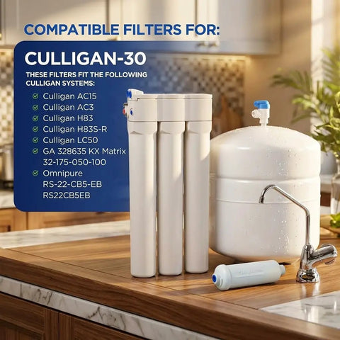 Replacement Filter Set for AC 30 Reverse Osmosis System 4 Pack Cartridges and Membrane for Home Use, shown on kitchen counter.