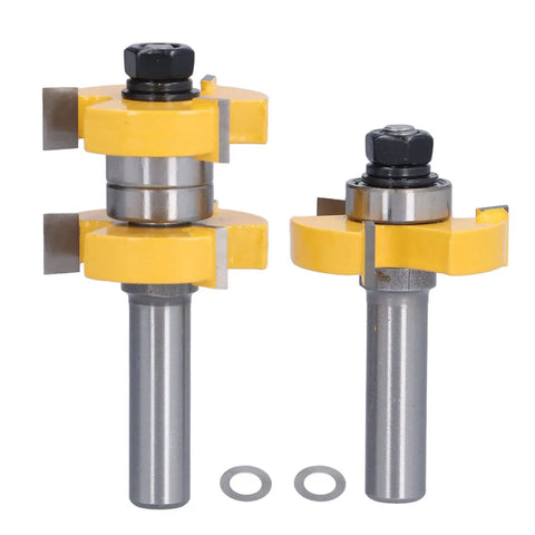 Tongue And Groove Router Bit Set Two Pack Carbon Steel One Half Inch Shank Anti Backlash Design For Cabinet Doors Frames Panels And Other Woodworking Projects With Smooth Clean Cuts, two router bits and washers