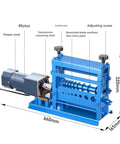 Top Rated Fully Automatic Cable Stripper Machine Multi Function Electric Wire Stripper showing motor, shaft, and dimensions.