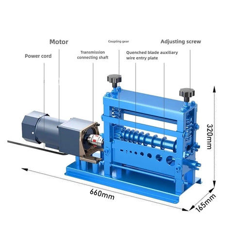 Top Rated Fully Automatic Cable Stripper Machine Multi Function Electric Wire Stripper showing motor, shaft, and dimensions.