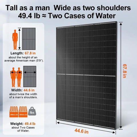 Image showing the dimensions and weight of the High Wattage 400W Monocrystalline Solar Panel with 31V for 12V and 24V systems.