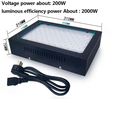 Heavy Duty 2000W LED UV Curing Lamp with 365Nm 395Nm 405Nm wavelengths, black body with dimensions and power cable.