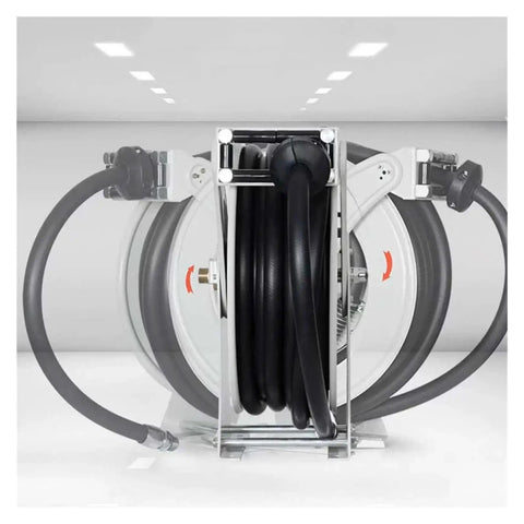 One Inch Heavy Duty Automatic Hose Reel Built Tough As Nails For Grip And Go Water Retrieval Plus Hassle Free Rolling Back On Any Job Site Setup, close-up of black hose coiled in metal frame.