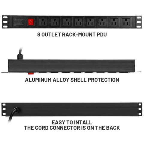 Eight Wide-Spaced Rack Mount Power Strip Surge Protector PDU with right angle outlets and descriptions of features