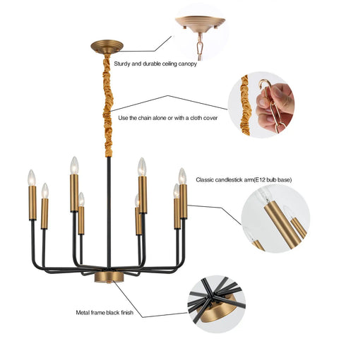 Industrial Eight Light Farmhouse Chandelier With Rustic Iron Candle Pendants, showcasing ceiling canopy and chain.