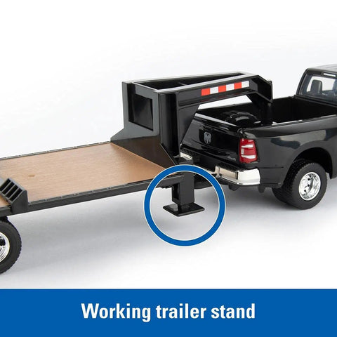 One Thirty Second Scale Big Farm Ram Dually Quad Cab With Lowboy Trailer And SV340B Skid Steer Loader Toy Set trailer hitch detail