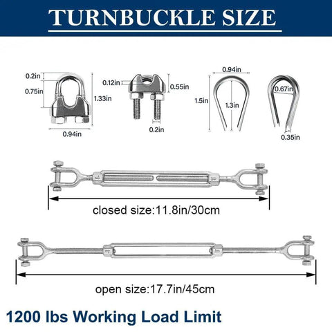 Turnbuckle size dimensions for One Quarter Inch Wire Rope Kit With Seventy Five Feet Heavy Duty Galvanized Cable