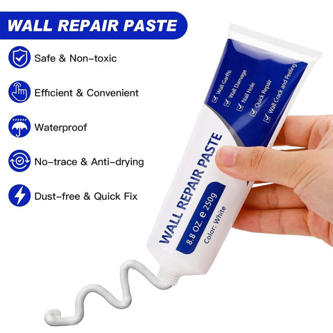 Fast Drying Wall Repair Paste For Cracks And Holes, Multi Function Drywall Patch Kit With Scraper And Sandpaper, tube being squeezed