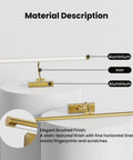 Next Level Wireless Picture Light For Wall With 8000Mah Battery And Remote For Large Portraits Sleek Brass Build Heavy Duty Setup Quick Install, shown in materials overview.