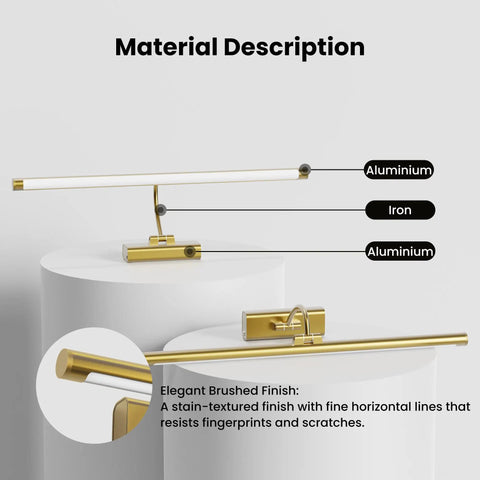 Next Level Wireless Picture Light For Wall With 8000Mah Battery And Remote For Large Portraits Sleek Brass Build Heavy Duty Setup Quick Install, shown in materials overview.