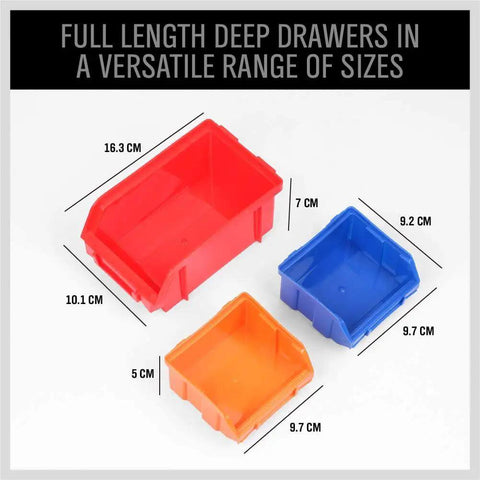 Dimensions of red, blue, and orange bins for 30 Bin Wall Mounted Storage Rack System For Heavy Duty Garage Organization.
