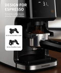 Conical Burr Espresso Coffee Grinder Electric With Precision Timer, shown grinding coffee into a portafilter cradle, stainless steel.