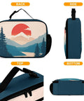 Front, side, top, and bottom view of Mountain Landscape Insulated Lunch Box Reusable Cooler Bag Tote For Women Men Kids Sun Design