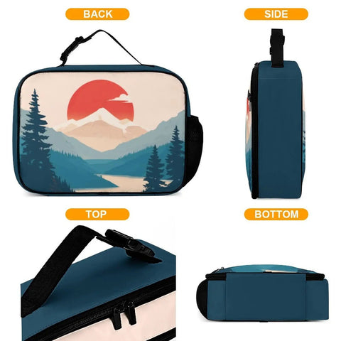 Front, side, top, and bottom view of Mountain Landscape Insulated Lunch Box Reusable Cooler Bag Tote For Women Men Kids Sun Design