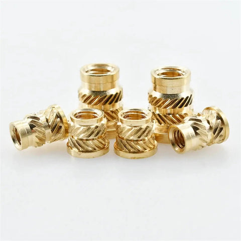Brass Knurled Hot Melt Threaded Inserts Nuts M3 Size Lock In Solid For Wood And Plastic With Strong Hold To Handle Heavy Torque Stress Without Breaking; assorted sizes visible.