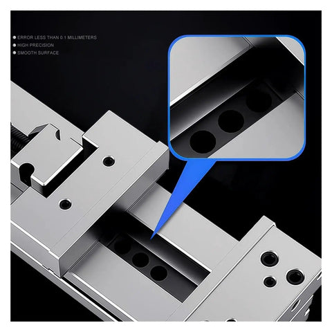 Close-up of precision linear guide rail on Top Shelf 6 Inch Bench Vise With Linear Guide Rail Clamping Vice CNC Machine Tool Holder.