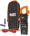 Digital Clamp Meter With Autorange TRMS for Electricians, shown with carrying case, test leads, and batteries.