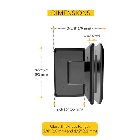 Dimensions of Glass To Glass Shower Door Hinge 90 Degree Solid Forged Brass Black Nickel Finish Beveled Edges Fits Three Eighths Or One Half Inch Glass Thickness