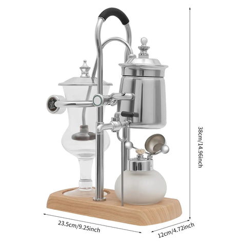 Slick Vintage Balance Syphon Coffee Maker Set Featuring Heavy Duty Stainless Steel And Borosilicate Glass Vacuum Brewing System.