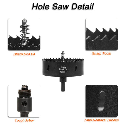 4 Inch Pro Grade Hole Saw Kit for Wood Metal Plastic with sharp drill bit, HSS bi-metal teeth, and chip removal groove