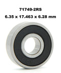 Close-up of sealed miniature vacuum cleaner motor bearing, 6.35 x 17.463 x 6.28 mm, 71749-2RS