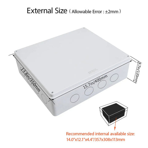 Beefy Weatherproof Outdoor Junction Box For Electronics IP65 Dustproof ABS Plastic Enclosure With NPT Cable Glands White 15.7 x 13.8 x 4.7 Inch shown with dimensions.