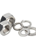 All In One 304 Stainless Steel Hex Nut Kit With Flat Washers And Lock Spring Washers For DIY Repairs and Furniture Maintenance Handy And Ready For Home Projects From M1.6 To M36 Metric Nuts Bolts And Hardware Fasteners showing hex nuts, flat washers, and a lock spring washer close-up