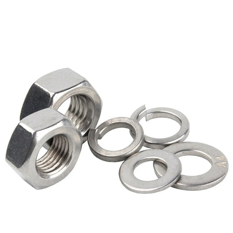All In One 304 Stainless Steel Hex Nut Kit With Flat Washers And Lock Spring Washers For DIY Repairs and Furniture Maintenance Handy And Ready For Home Projects From M1.6 To M36 Metric Nuts Bolts And Hardware Fasteners showing hex nuts, flat washers, and a lock spring washer close-up