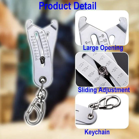 Metal bolt size finder keychain with sliding gauge and dual metric/imperial scales, includes keyring