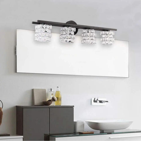 Black 4 Light Vanity Light Fixture With Crystal Shade Modern Wall Sconce for Bathroom Mirror IP44 Waterproof above mirror