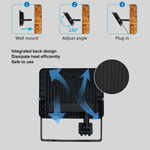 Diagram showing back and mounting of 100W LED Outdoor Flood Light With Motion Sensor, No Brainer Plug In Dusk To Dawn Security Light