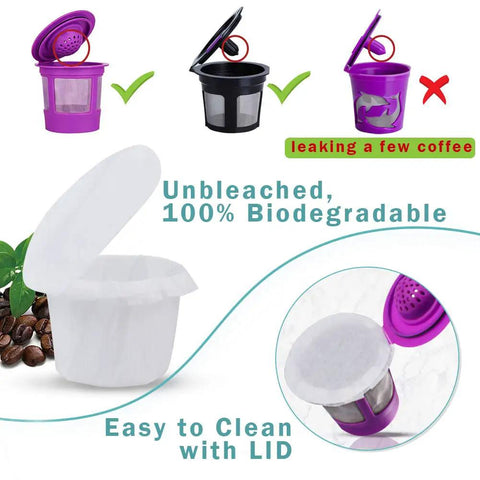 Disposable Coffee Filters With Lid For Keurig 2.0 And 1.0 Brewers Biodegradable Paper Filter Pods for single serve, shown with coffee beans and reusable cup.