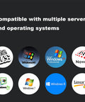 Various operating system logos showcasing compatibility with 1U Rackmount KVM Switch Console Featuring 19 Inch LCD Display Integrated Keyboard And Touchpad Eight Port VGA Server Manager.