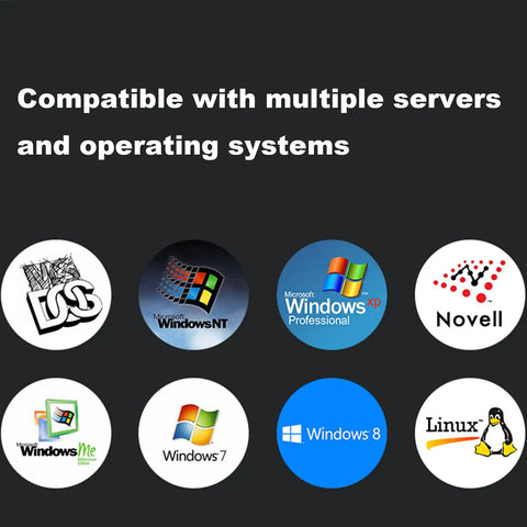 Various operating system logos showcasing compatibility with 1U Rackmount KVM Switch Console Featuring 19 Inch LCD Display Integrated Keyboard And Touchpad Eight Port VGA Server Manager.