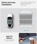Spigen CryoShade double-layer roof sunshade for Tesla Model Y Juniper, Amazon brand; clip-based installation shown.